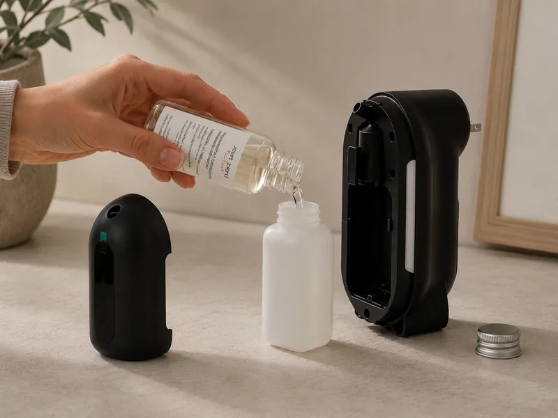 Pouring a 125 ml fragrance refill into the plug-in diffuser bottle
