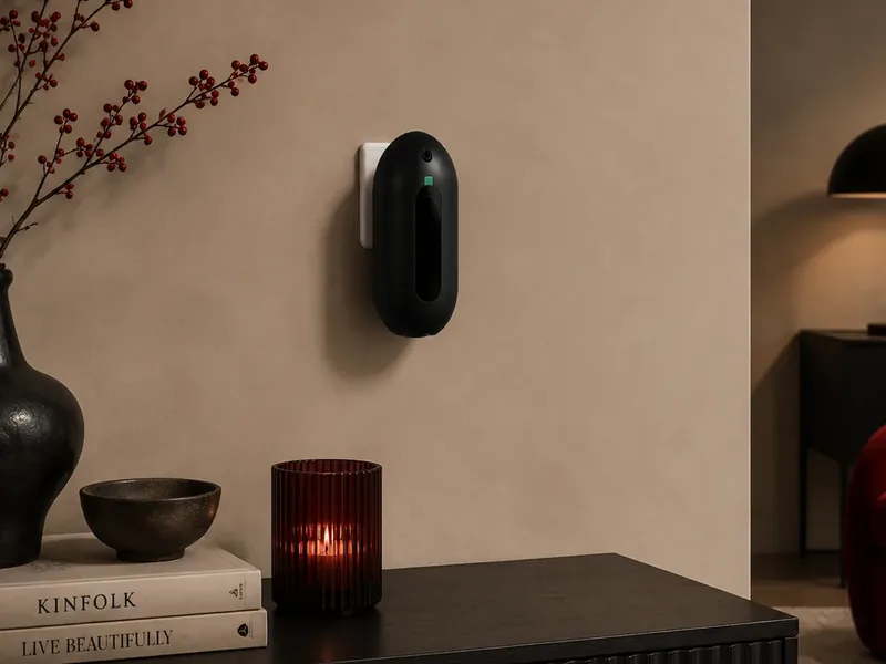 Black diffuser running on a living-room wall, timing and intensity set from the app
