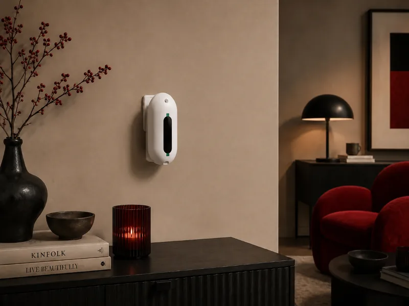 Diffuser running on a living-room wall, timing and intensity set from the app